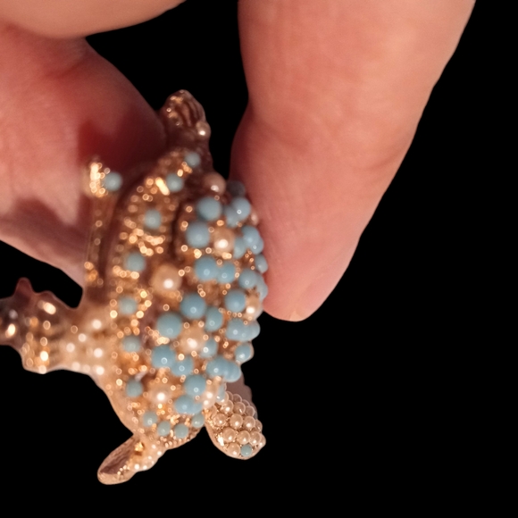 VINTAGE RARE CINER UNSIGNED TURTLE BROOCH PIN TURQUOISE FLOWERS - Picture 5 of 5